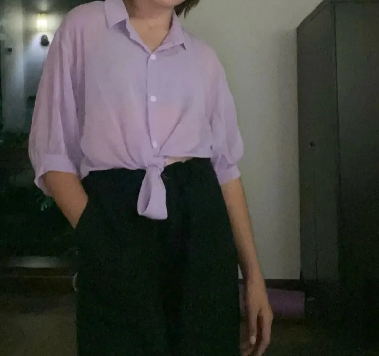 Chiffon Button Down Sleeves/Casual Loose Hollow White Clothes/Elegant Solid Color Tied Waist Blouse/Women Half Sleeve Button Chiffon Shirt.