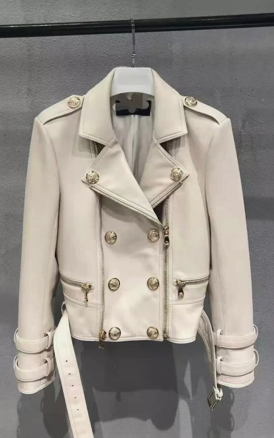 Leather jacket female Locomotive style double breasted pu leather outerwear leather jackets, zipper stitching.