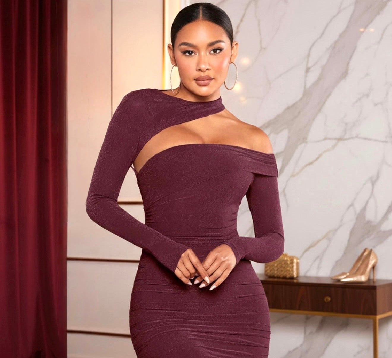 Elegant Bordeaux One-Shoulder Cutout Ruched Bodycon Mini Dress