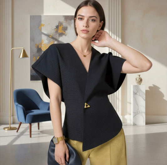 Elegant Women T-shirt V-neck/Single Button Top’s/French Style Irregular Top Solid Short Sleeved Women Y2k Streetwear.