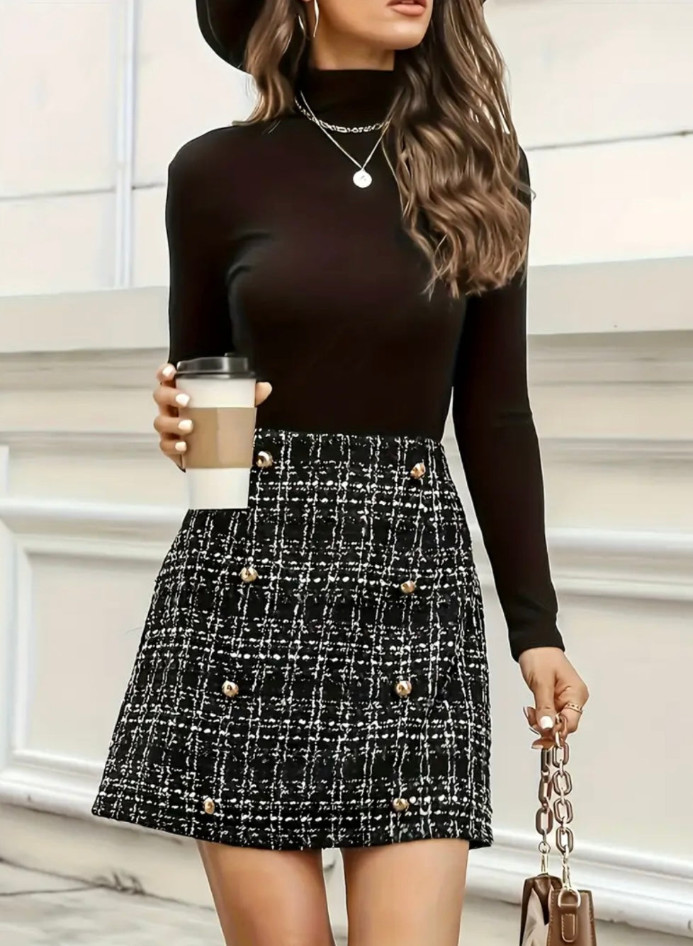 Long Sleeve Vintage Stand Collar Chic Velvet Spliced Coarse Tweed Slim A-line Dresses High Street Autumn Winter Clothing
