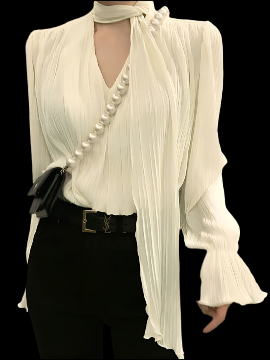 Pleated Elegant Long sleeve Blouse With Ties Women Luxury Ruffle V neck Basic Top Casual Oversize Lady Office Wear Korean Chic