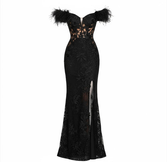 Off Shoulder Laced Shimmering Dress/Beaded Sequined Designed/Customized Feather Dress.