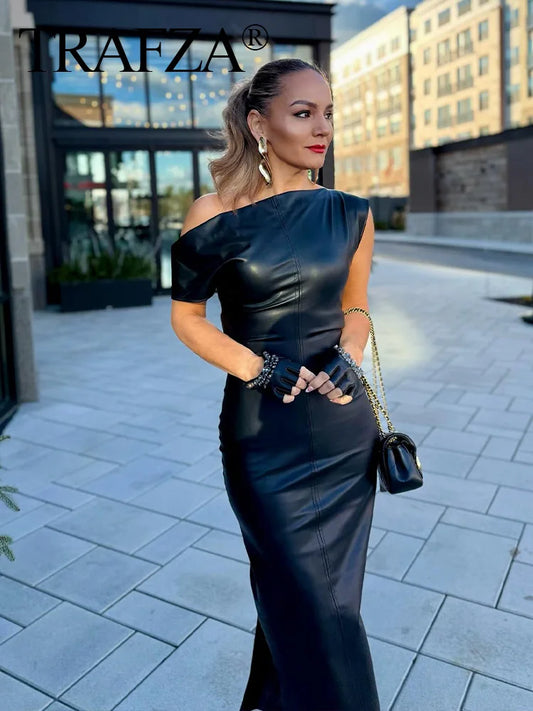 Black Leather Sleeveless Dress/Back Zipper Midi Asymmetrical Slit Hem Folds/Slim Party Dress/All Occasions.