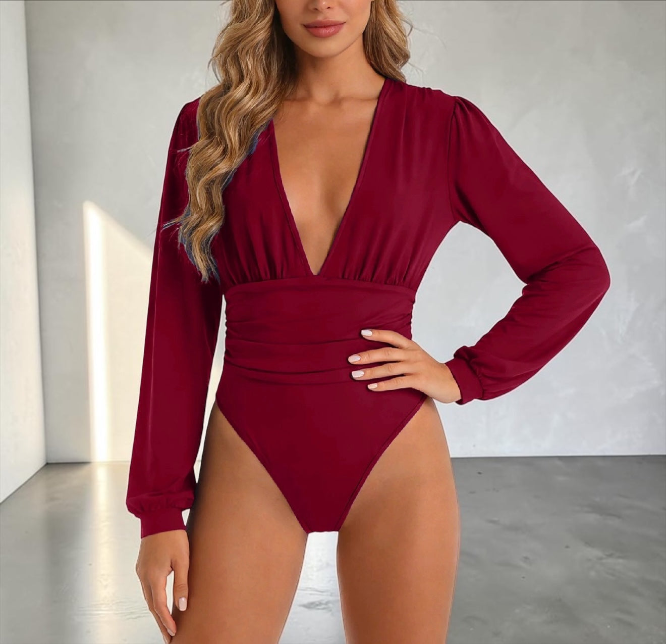 Women’s Ruched Deep V Neck Long Sleeve Bodysuit – Sexy Fitted Plunge Leotard Top