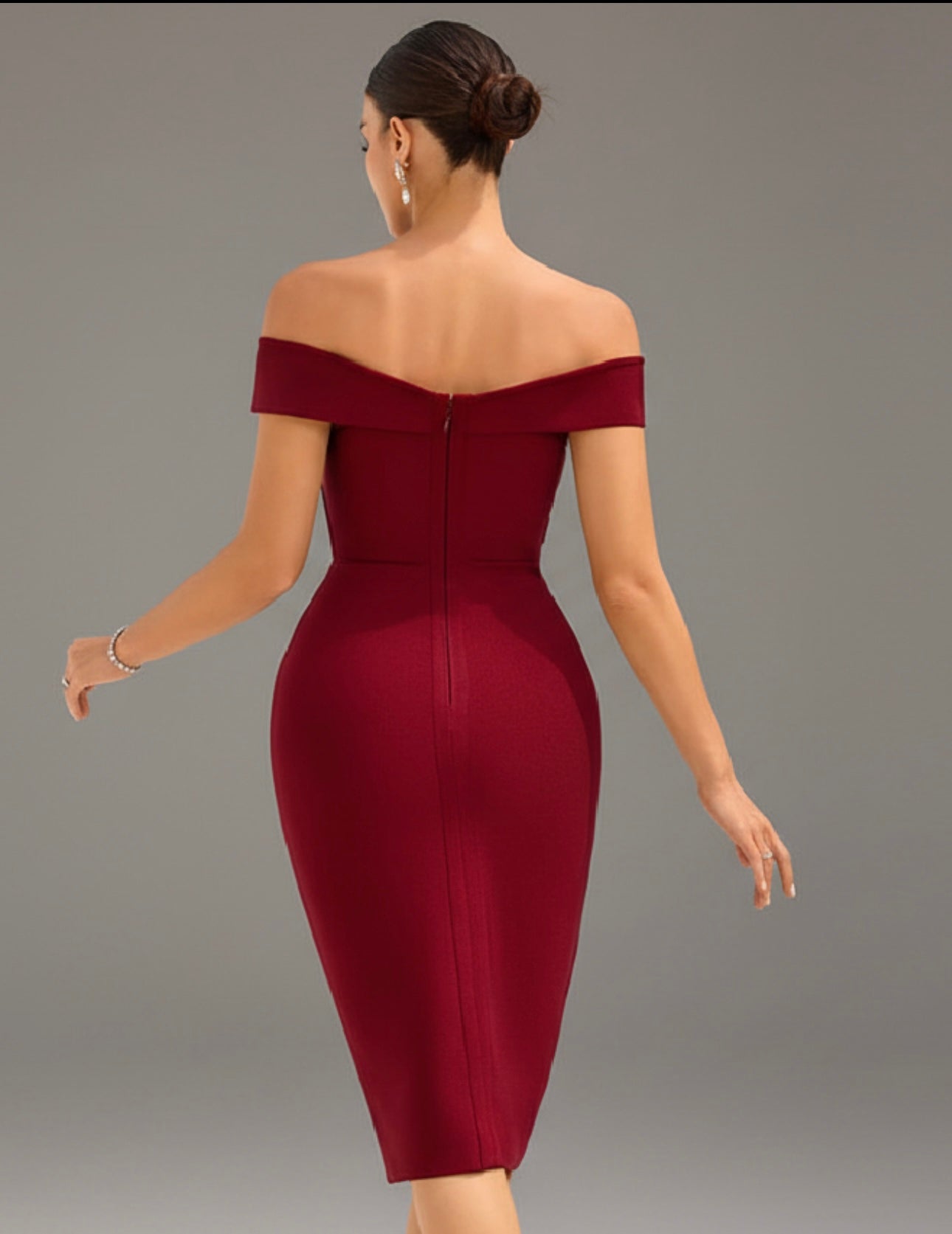 Elegant Off-Shoulder Burgundy Midi Bandage Dress with Criss-Cross Front – Form-Fitting Cocktail Parties Dresses for Women