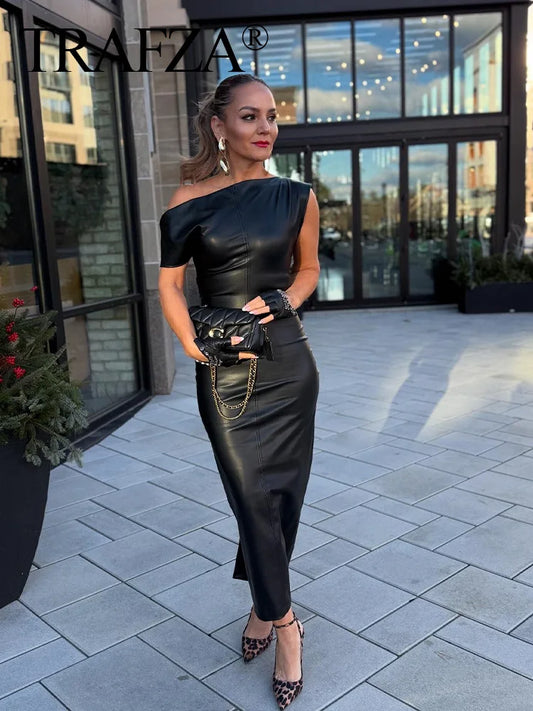 Black Leather Sleeveless Dress/Back Zipper Midi Asymmetrical Slit Hem Folds/Slim Party Dress/All Occasions.
