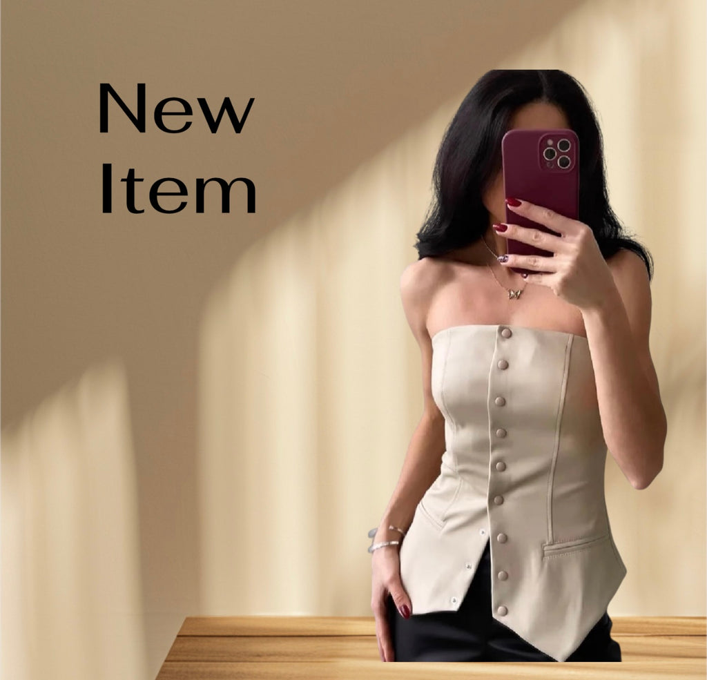 Strapless Faux Leather Tube Top/Enhanced Sleeveless Button/Blazer Vest Faux Leather Tube Sleeveless Button/Sexy Backless Tight Fitting Tank Top.