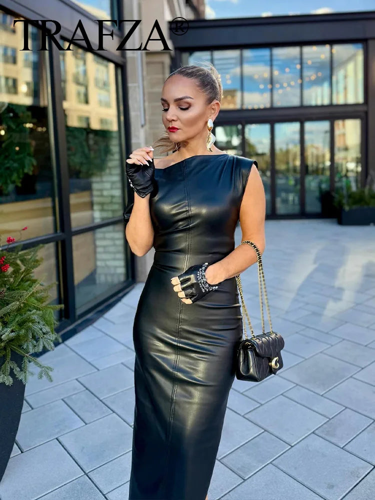 Black Leather Sleeveless Dress/Back Zipper Midi Asymmetrical Slit Hem Folds/Slim Party Dress/All Occasions.