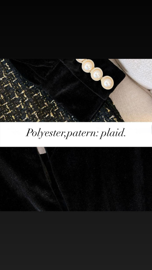 Long Sleeve Vintage Stand Collar Chic Velvet Spliced Coarse Tweed Slim A-line Dresses High Street Autumn Winter Clothing