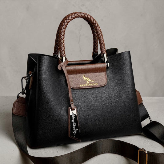 Elegant Genuine Leather Tote Handbag – Luxury Pattern Shoulder Bag with Braided Handle & Adjustable Strap