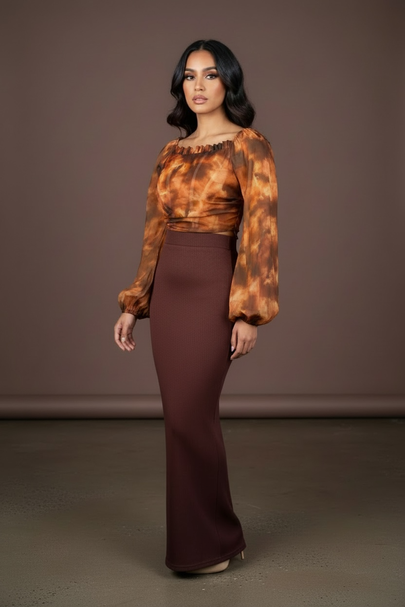 Elegant Tie-Dye Chiffon Crop Top & Ribbed Maxi Skirt Set – Long Sleeve Square Neck Two-Piece Outfit for Women