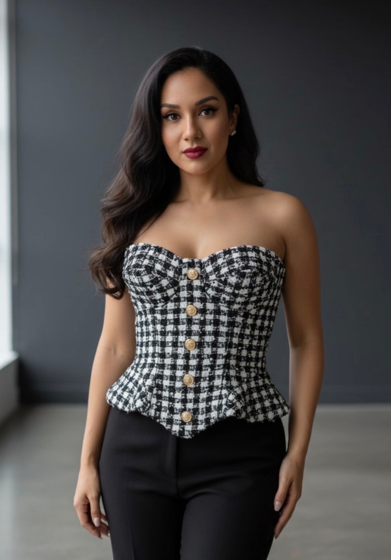 Luxury Tweed Corset Top for Women – Strapless Peplum Bustier with Gold Button Detail | Elegant Timeless Boutique Fashion