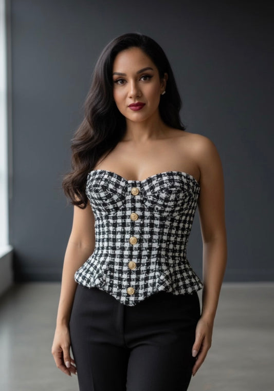 Luxury Tweed Corset Top for Women – Strapless Peplum Bustier with Gold Button Detail | Elegant Timeless Boutique Fashion