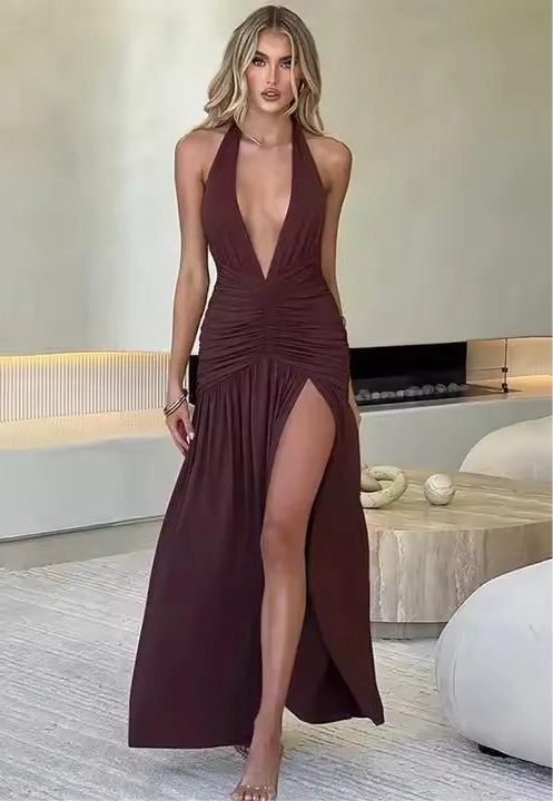 Long Halter Maxi Dress/Deep V Neck Backless Maxi Dress/Solid Sleeveless Thigh/High Split Dress/All Occasional.