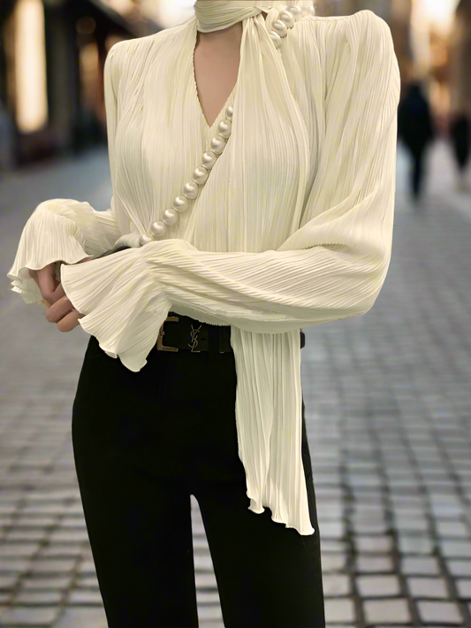 Pleated Elegant Long sleeve Blouse With Ties Women Luxury Ruffle V neck Basic Top Casual Oversize Lady Office Wear Korean Chic