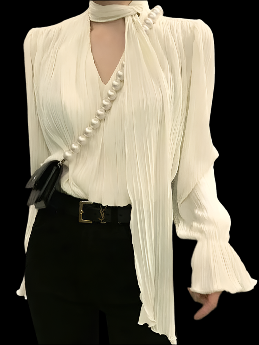 Pleated Elegant Long sleeve Blouse With Ties Women Luxury Ruffle V neck Basic Top Casual Oversize Lady Office Wear Korean Chic