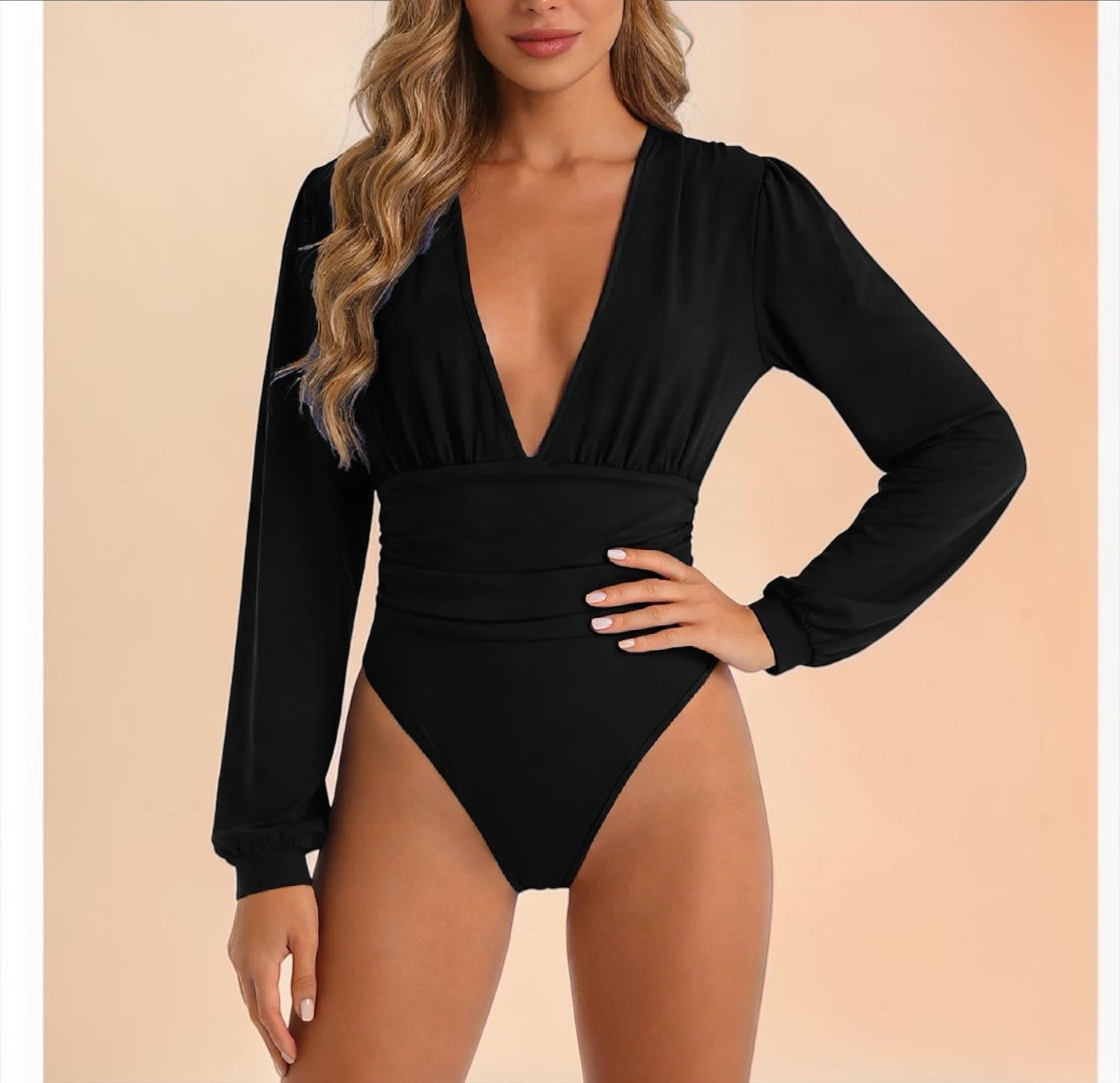Women’s Ruched Deep V Neck Long Sleeve Bodysuit – Sexy Fitted Plunge Leotard Top