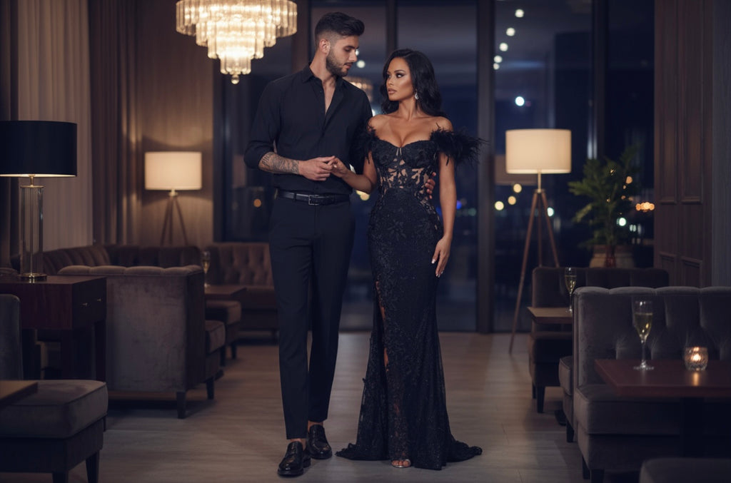 Off Shoulder Laced Shimmering Dress/Beaded Sequined Designed/Customized Feather Dress.