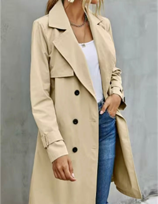 Autumn Fashion Women Casual Solid Color Trench Coat Ladies Elagant Long Sleeve Lapel Neck Double Breasted Belted Trench Coat