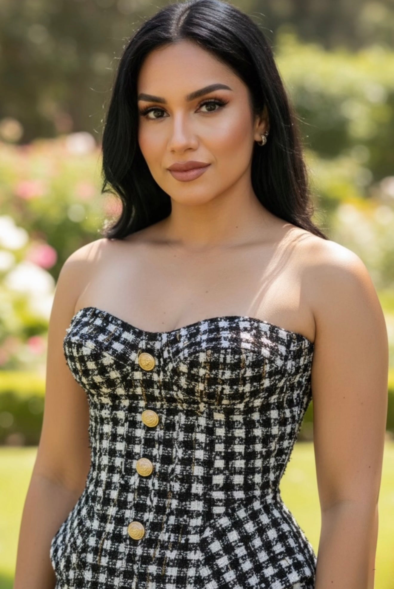 Luxury Tweed Corset Top for Women – Strapless Peplum Bustier with Gold Button Detail | Elegant Timeless Boutique Fashion