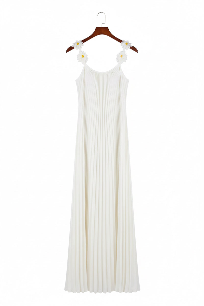 Modern Pleated Maxi Dress with Floral Strap Detail – Elegant Flowing Summer Dress – Backless A-Line Vacation Dress