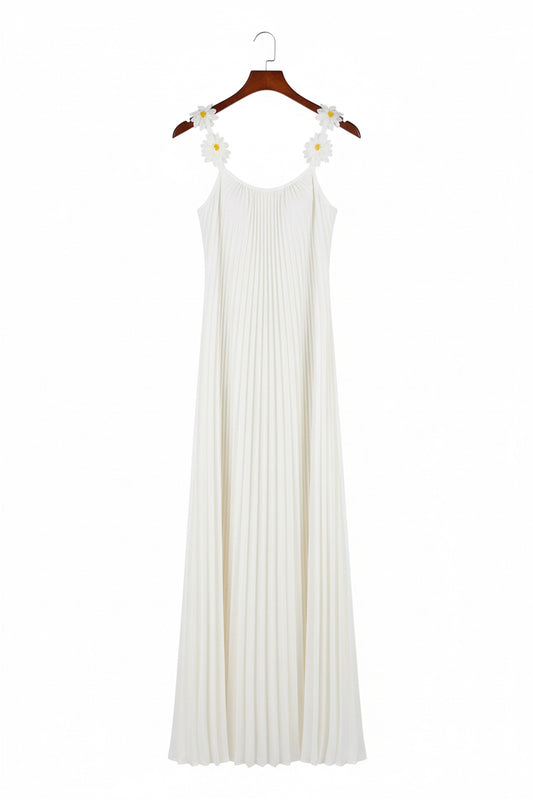 Modern Pleated Maxi Dress with Floral Strap Detail – Elegant Flowing Summer Dress – Backless A-Line Vacation Dress