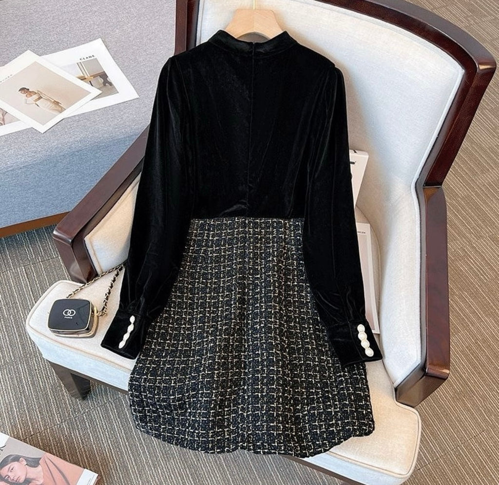 Long Sleeve Vintage Stand Collar Chic Velvet Spliced Coarse Tweed Slim A-line Dresses High Street Autumn Winter Clothing