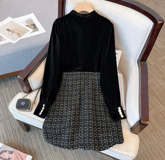 Long Sleeve Vintage Stand Collar Chic Velvet Spliced Coarse Tweed Slim A-line Dresses High Street Autumn Winter Clothing