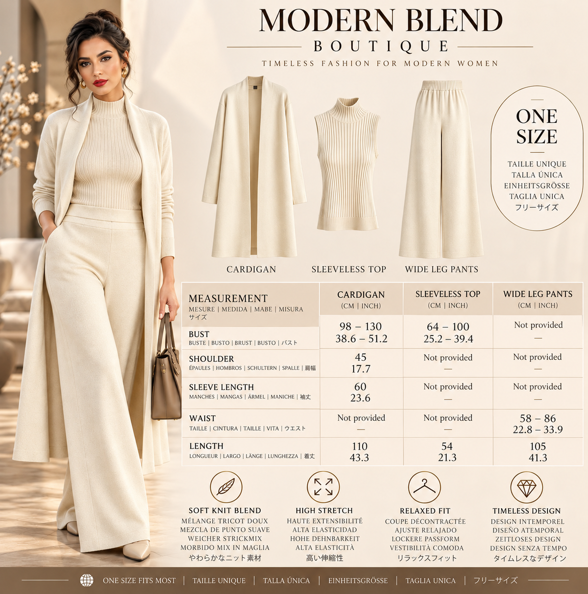Women’s 3-Piece Knit Cardigan Set | Long Open-Front Coat, Sleeveless Turtleneck Top & Wide-Leg Pants | Fall Winter Lounge & Office Outfit