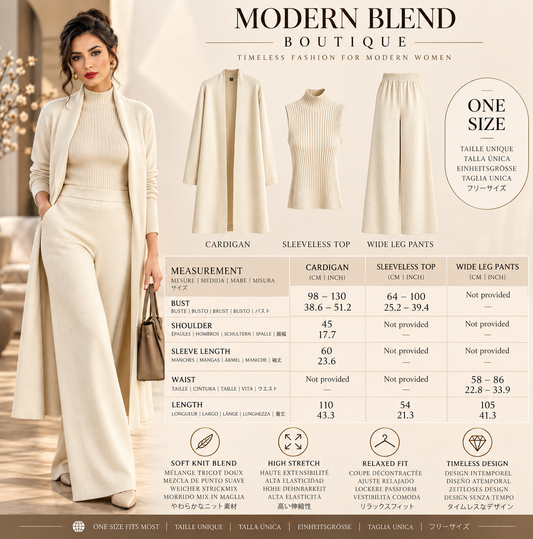 Women’s 3-Piece Knit Cardigan Set | Long Open-Front Coat, Sleeveless Turtleneck Top & Wide-Leg Pants | Fall Winter Lounge & Office Outfit