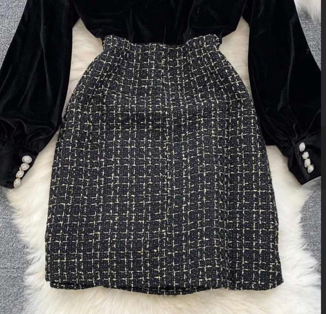 Long Sleeve Vintage Stand Collar Chic Velvet Spliced Coarse Tweed Slim A-line Dresses High Street Autumn Winter Clothing