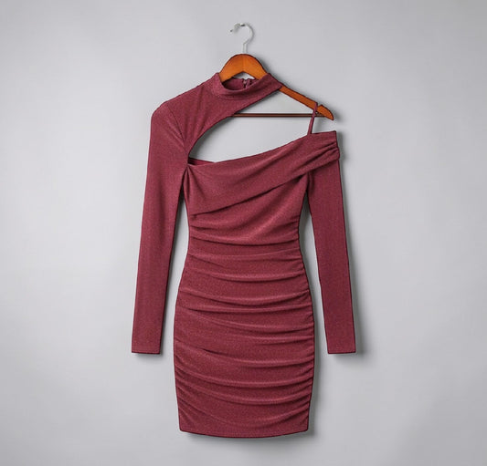 Elegant Bordeaux One-Shoulder Cutout Ruched Bodycon Mini Dress