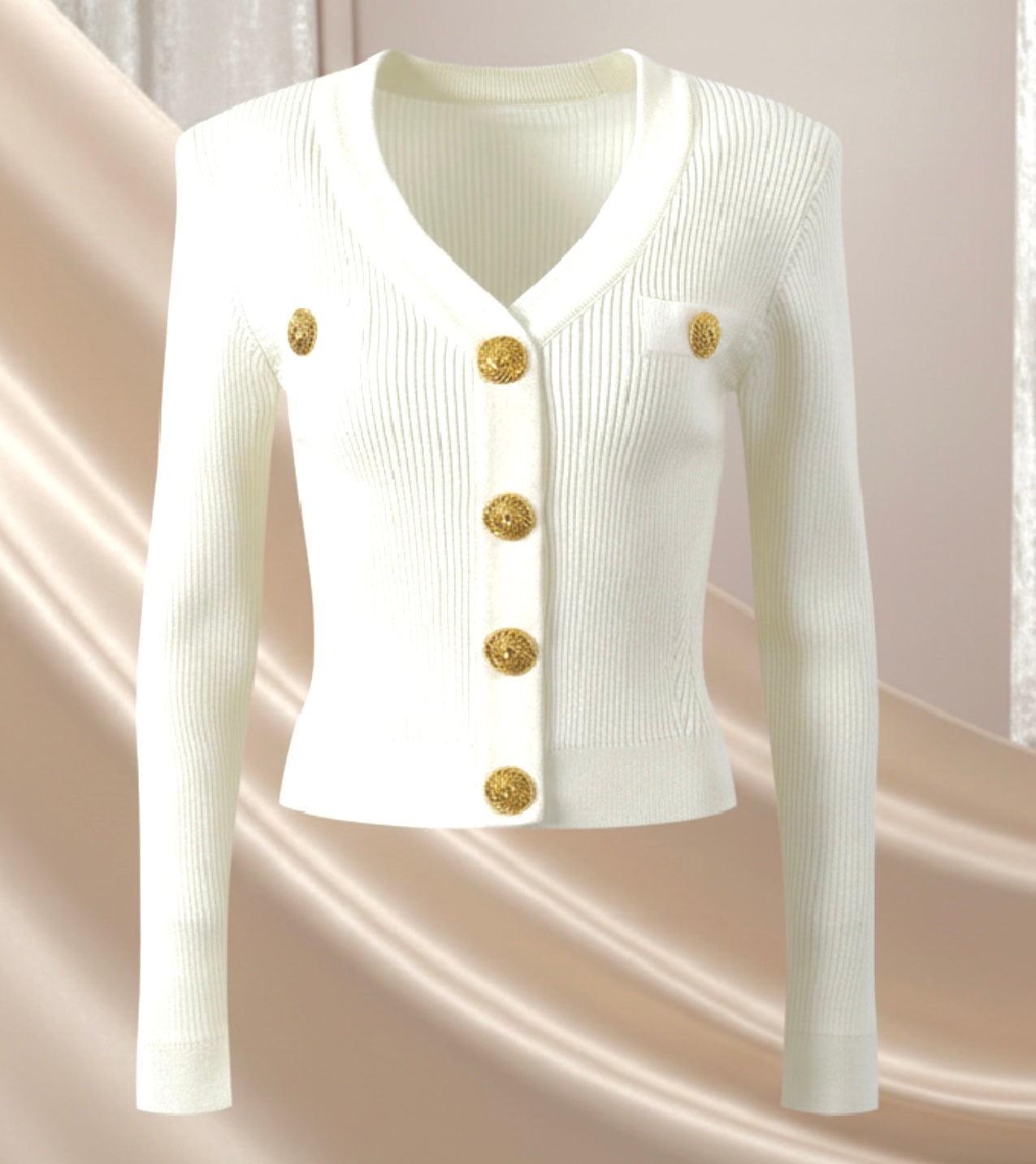 Vintage French Style V-neckline Long Sleeve Single-breasted Office Wear Women Solid Slim Fitted Knit Cardigan.
