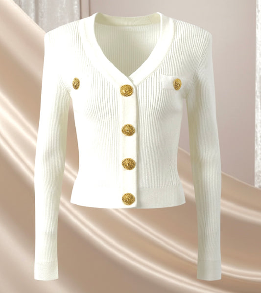 Vintage French Style V-neckline Long Sleeve Single-breasted Office Wear Women Solid Slim Fitted Knit Cardigan.