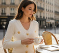 Vintage French Style V-neckline Long Sleeve Single-breasted Office Wear Women Solid Slim Fitted Knit Cardigan.