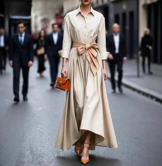 Elegant Single Breasted Bowknot Dress/Model Designed Irregular Fit/Long Sleeve Solid Maxi Dress.
