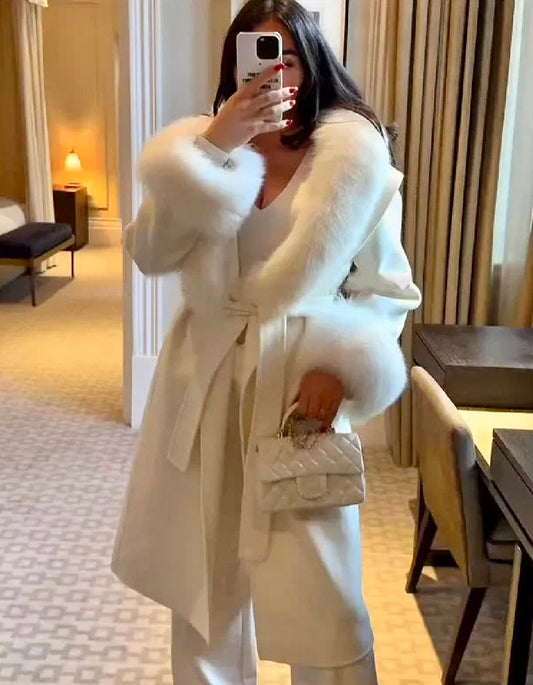 Faux Fur Patchwork Woolen Overcoat – Classic patchwork woolen long coat with faux fur, ideal for autumn/winter collection/Solid Fur Patchwork Woolen Coat.