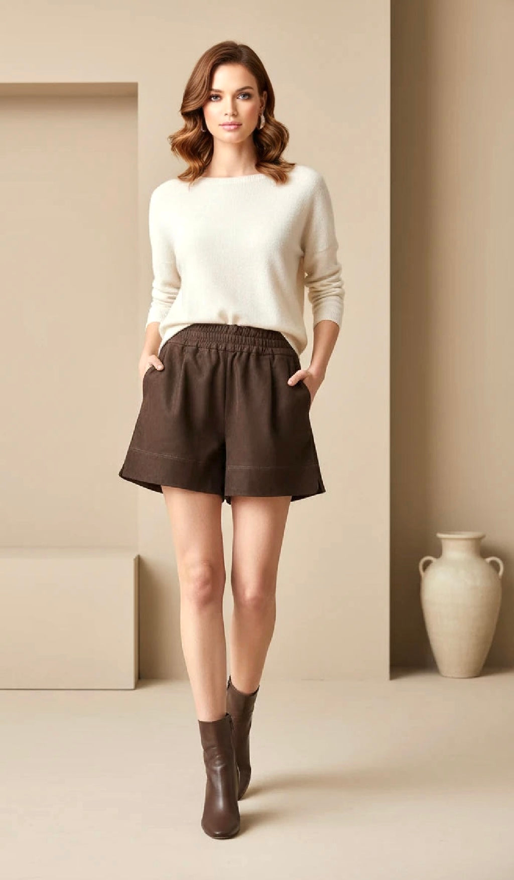 Women’s Brown Faux Suede Shorts – Elastic Waist Soft Leather-Look Fall Boutique Shorts