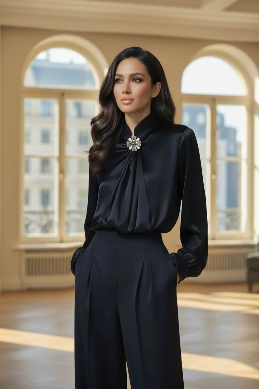 Black Satin High-Neck Blouse with Crystal Accent|Elegant Jewel Neck Long Sleeve Satin Blouse