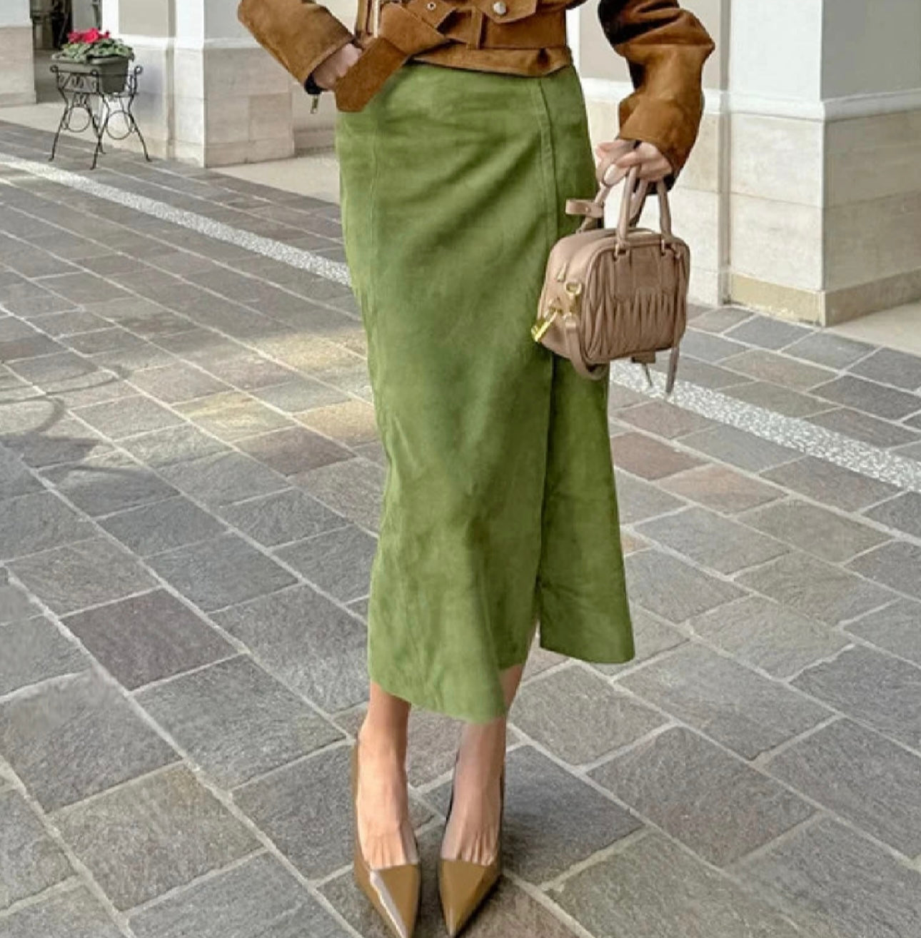 Stylish Vintage Green Suede/Split Straight High Waist Skirt/Autumn  Comfortable Casual Faux Suede Slim Skirt Streetwear.