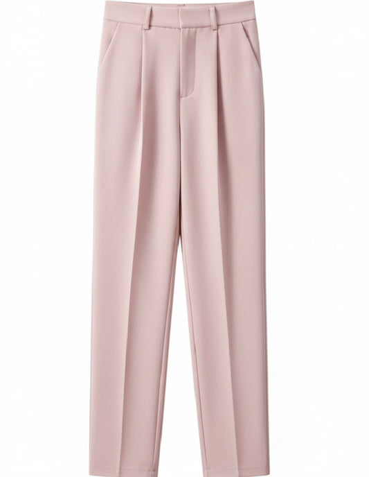 High-Waist Pleated Straight-Leg Trousers for Women | Elegant Tailored Casual Suit Pants | Soft Blush Pink Fashion Pants