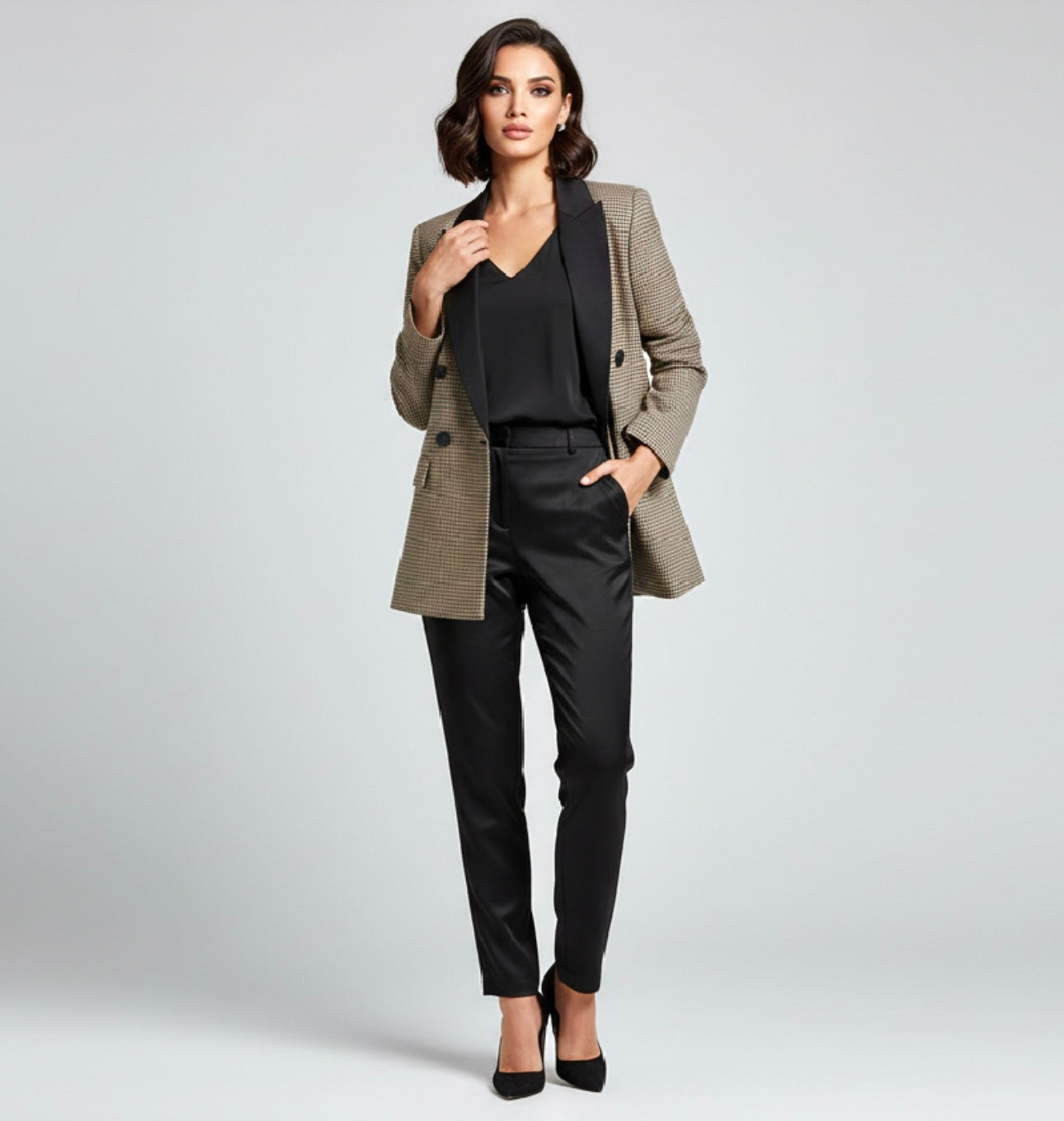 Women’s Plaid Single-Button Blazer – Tailored Notched Collar Jacket | Elegant Office & Casual Chic Outerwear
