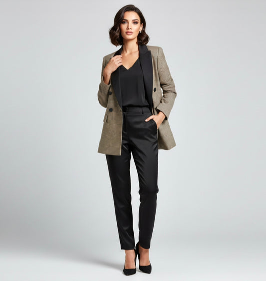 Women’s Plaid Single-Button Blazer – Tailored Notched Collar Jacket | Elegant Office & Casual Chic Outerwear