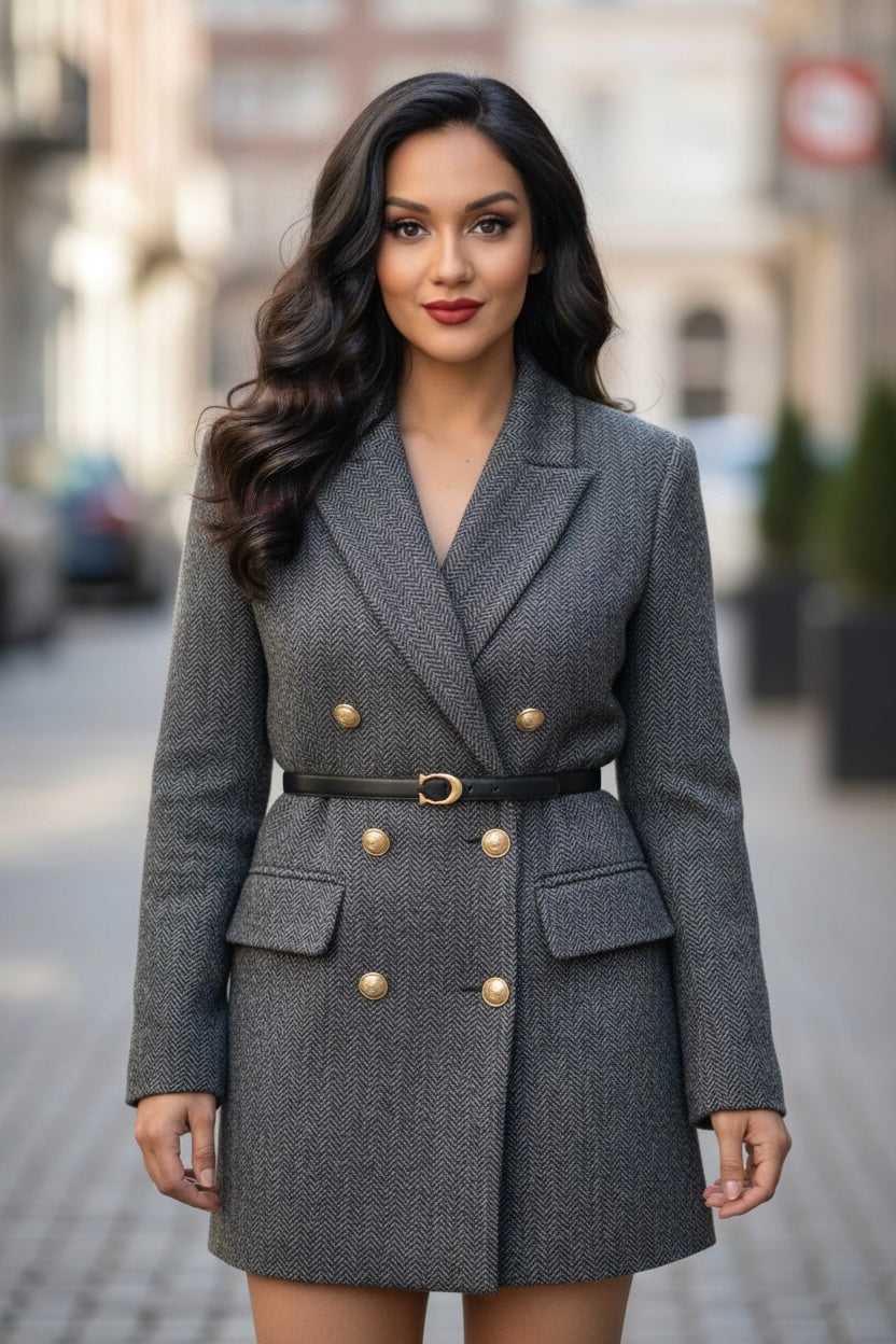 Women’s Gray Herringbone Belted Blazer Coat – Double-Breasted Tailored Boutique Outerwear