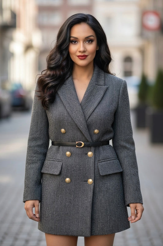 Women’s Gray Herringbone Belted Blazer Coat – Double-Breasted Tailored Boutique Outerwear