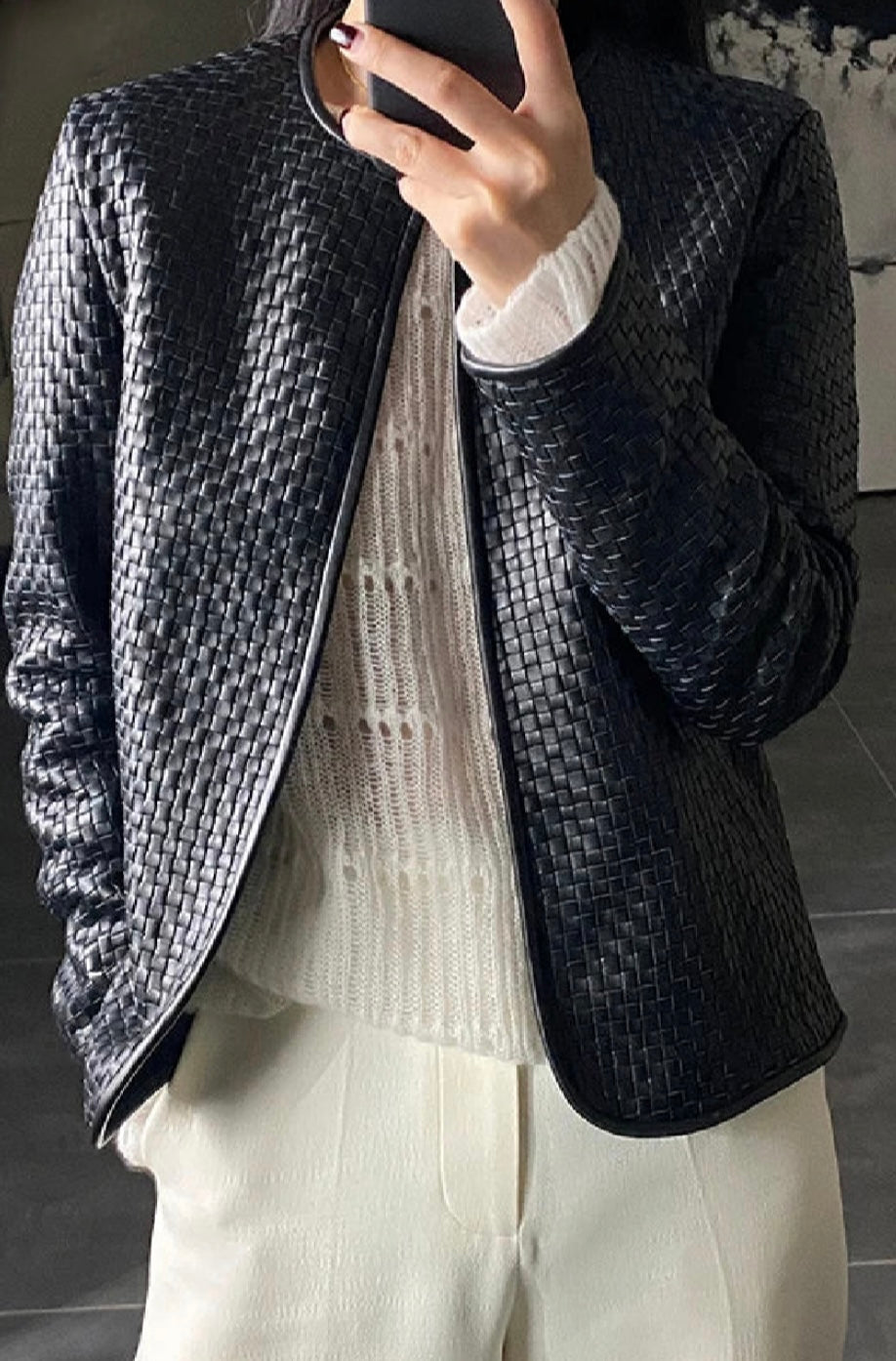 Genuine Leather Jacket/Women Stylish Vintage Jacket/Hand-Woven Sheepskin/O-Neck Cardigan Plaid Coat Outwear.