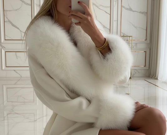 Faux Fur Patchwork Woolen Overcoat – Classic patchwork woolen long coat with faux fur, ideal for autumn/winter collection/Solid Fur Patchwork Woolen Coat.