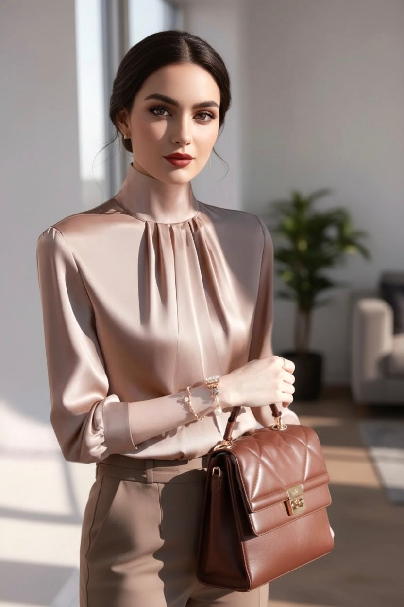 Luxury Satin Pleated Blouse – Elegant Long Sleeve Silky Top for Women