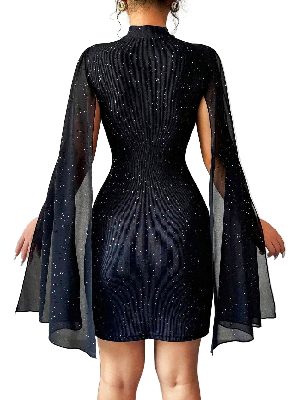 Asymmetrical Shimmered Body~Con Dress/Neck Chiffon Cape Hip Figured Dress/Elegant Winged Sleeves/Mini Cocktail Dress.